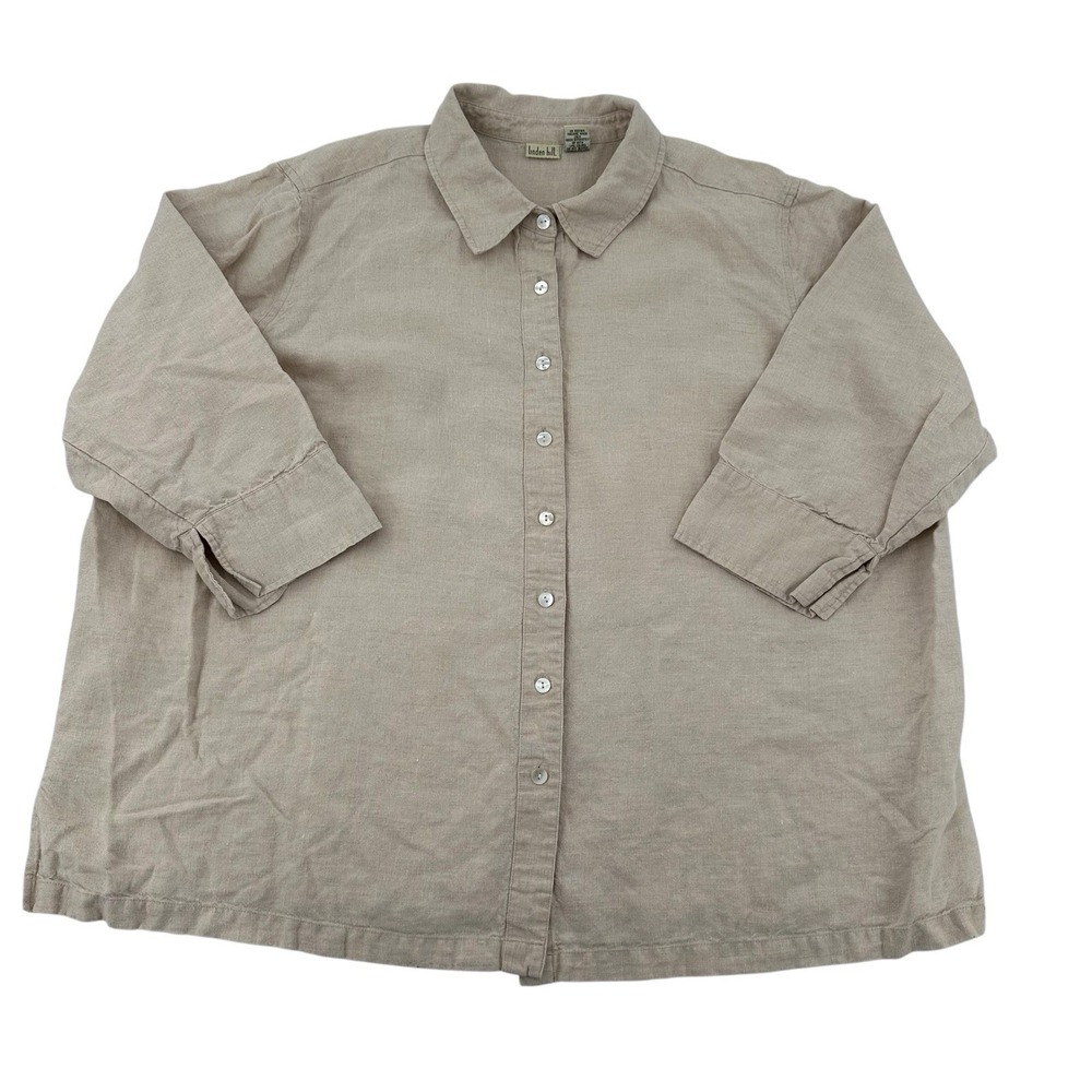 Linden Hill Womens 2X Linen Button Down Shirt Beige 3/4 Sleeve Oatmeal Top Comfy